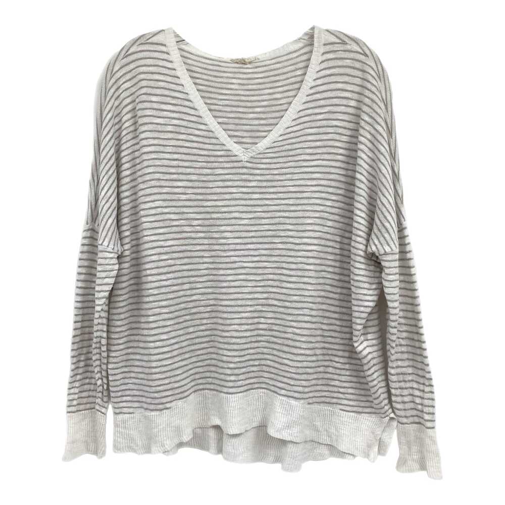 Eileen Fisher White Gray Striped Knit V-Neck Sweater | Womens M